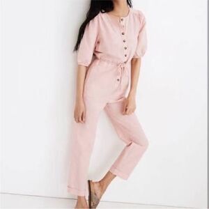 Madewell Pink Linen Puff Sleeve Jumpsuit | Size XL